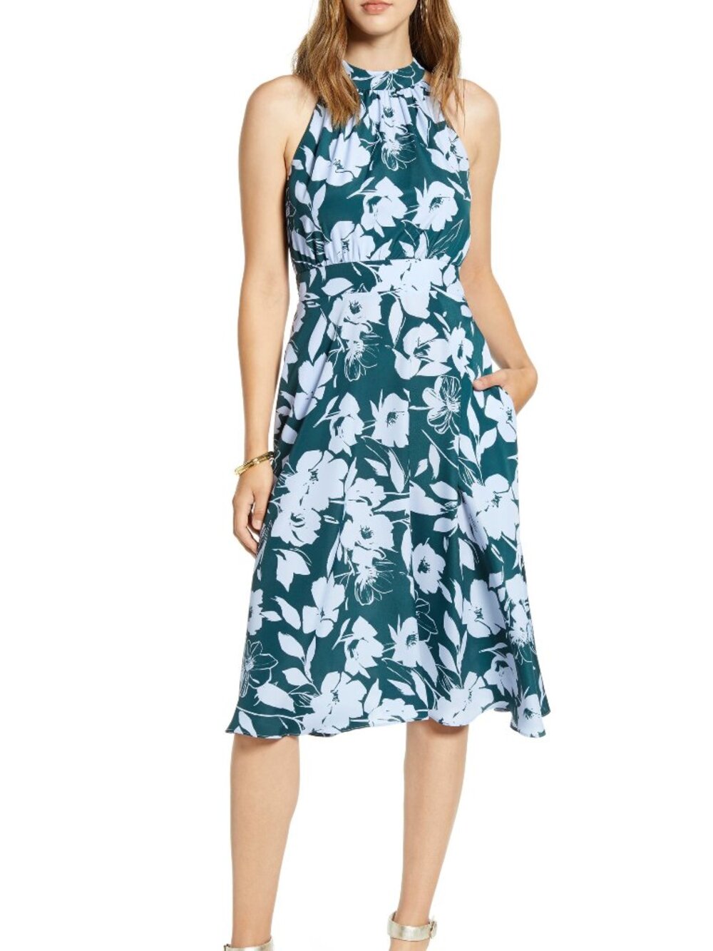 1901 Teal Blue Floral Halter Midi Dress Size 8 Pockets Summer Wedding Guest